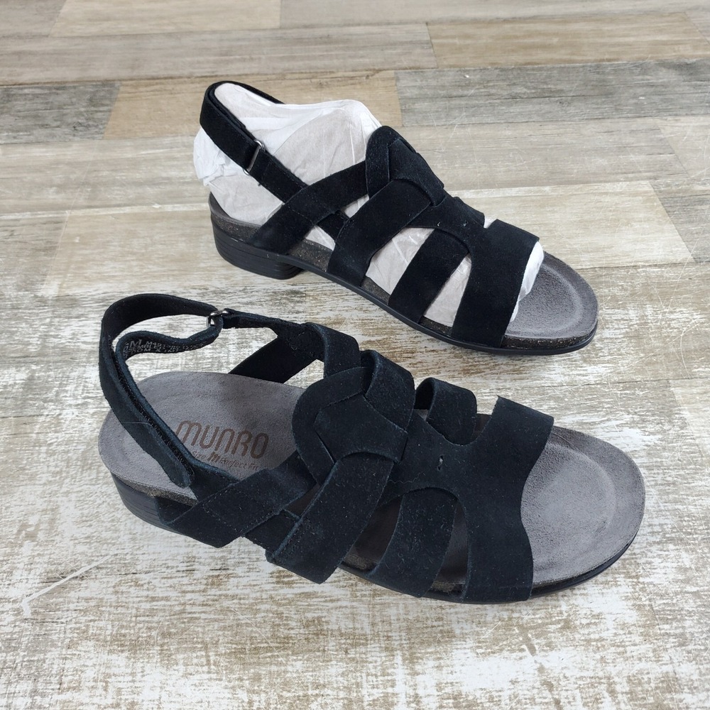 Munro‎ Corine Womens Sandals Sz 6 M Black Suede Adjustable Strap Strappy Wedge